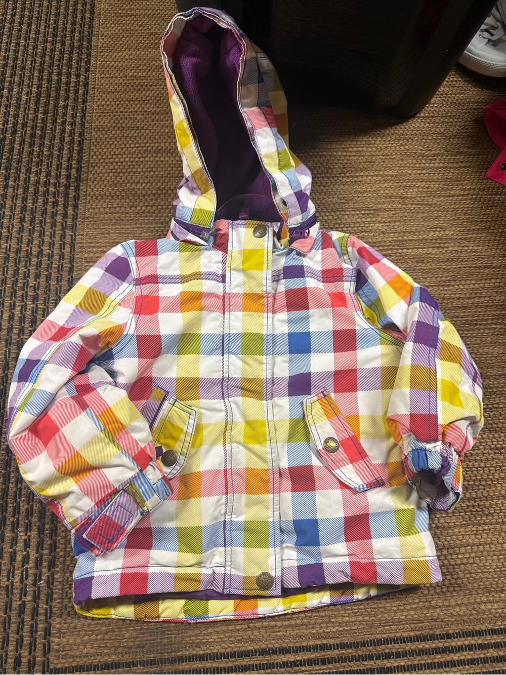 Mini Boden Multicolor Plaid Hooded Jacket - Red, Yellow, Blue, Purple, Green